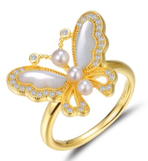 Sterling Silver Gold Plated Mother of Pearl Butterfly Ring