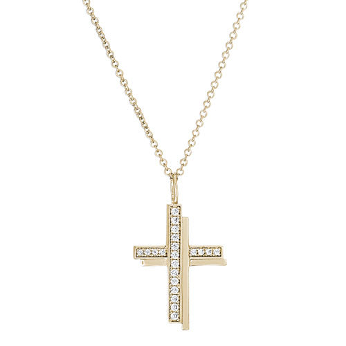 Gold Finish Sterling Silver Micropave Shadow Cross Pendant with Simulated Diamonds on 18" chain