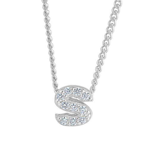 Platinum Finish Sterling Silver Micropave S Initial Pendant with Simulated Diamonds on 18" Curb Chain