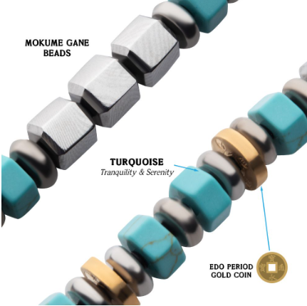 8mm Mokume Gane and Turquoise Beads Bushido Virtue Bracelet - MAKOTO
