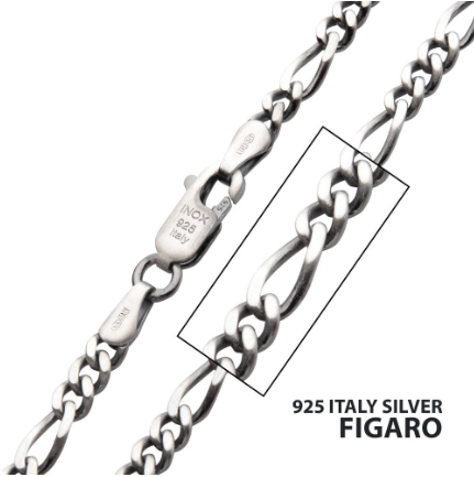 3.6mm Sterling Silver Black Rhodium Plated Satin Finish Figaro Chain, 22"