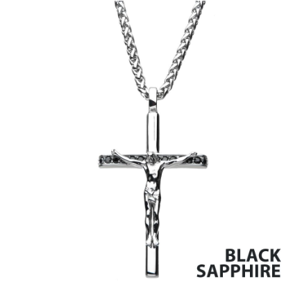Stainless Steel Black Sapphire Crucifix Necklace