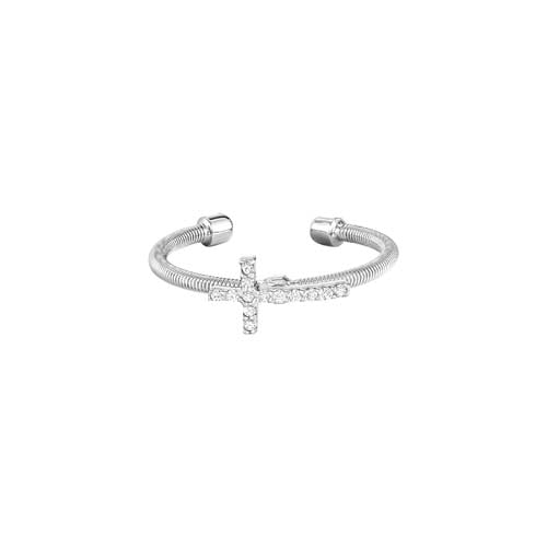 Rhodium Finish Sterling Silver Cable Cuff Cross Ring with Simulated Diamonds Size:8