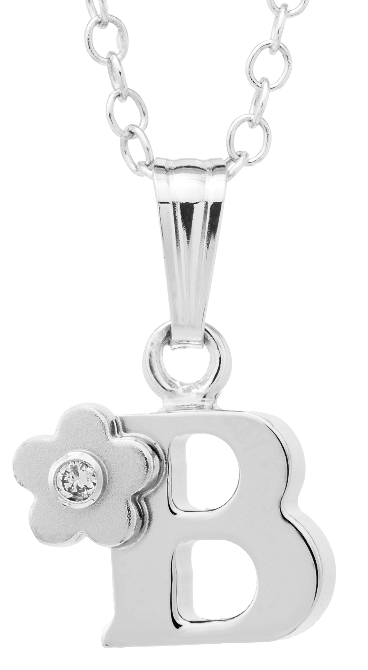 Sterling Silver Initial Diamond Flower "B" Necklace with a 15in chain