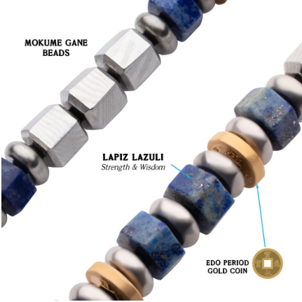 Men's 8mm Mokume Gane and Lapis Lazuli Beads Bushido Virtue Bracelet, 8.25"