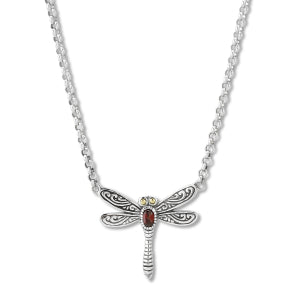 SS/18K DRAGON FLY NECKLACE WITH GARNET ACCENT