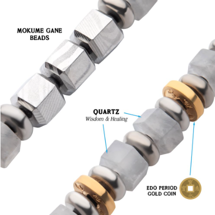 Men's 8mm Mokume Gane and White Quartz Beads Bushido Virtue Bracelet, 8.25"