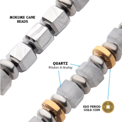 Men's 8mm Mokume Gane and White Quartz Beads Bushido Virtue Bracelet, 8.50"