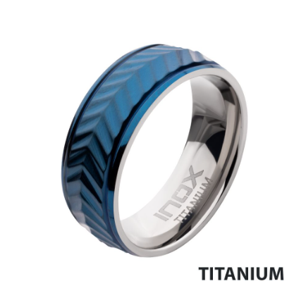 Blue IP Titanium Matte Finish Chevron Comfort Fit Ring, Sz 10.5