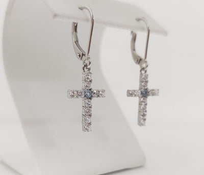 Silver Simulated Aquamarine/Diamond Cross Earrings