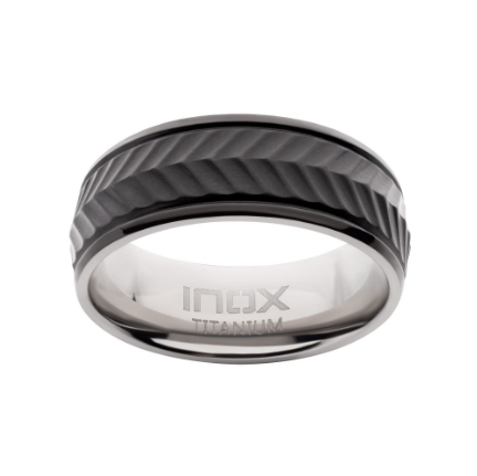 Black IP Titanium Matte Finish Chevron Comfort Fit Ring, Sz 10.5