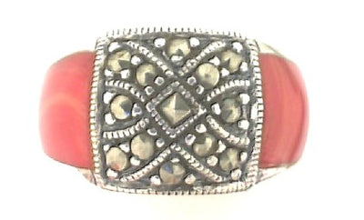 SS Marcasite Ring with Red Coral Colored Inlay