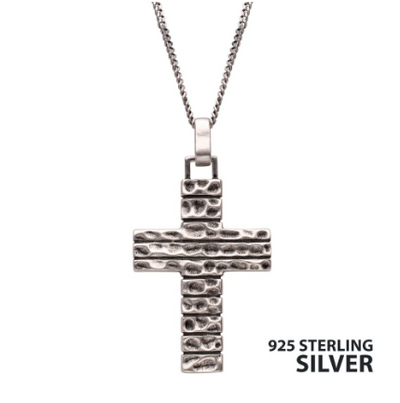 Sterling Silver Hammered Cross Pendant with Antiqued Finish Box Chain