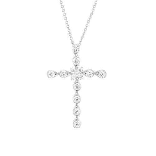 Platinum Finish Sterling Silver Cross Pendant with Simulated Diamonds on 16" - 18" Adjustable Chain