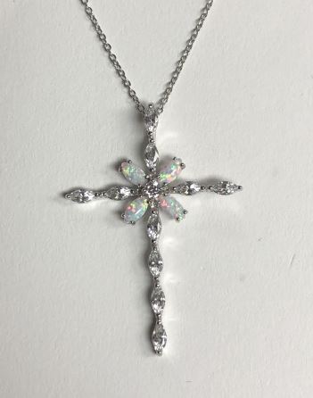 SS Radiance Simulated Diamond & Chatham MQ Opal Cross Necklace