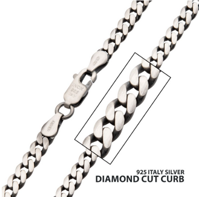4.4mm Sterling Silver Black Rhodium Plated Satin Finish Diamond Cut Curb Chain, 24"