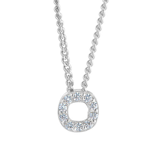 Platinum Finish Sterling Silver Micropave O Initial Pendant with Simulated Diamonds on 18" Curb Chain