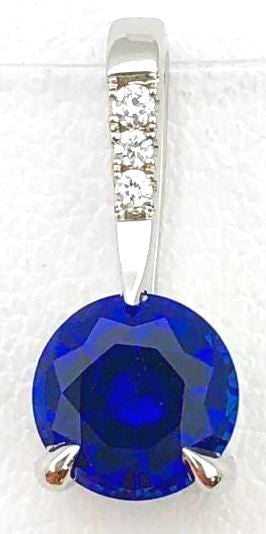 14KW Round 1.13ct Chatham Blue Sapphire & Diamond Pendant