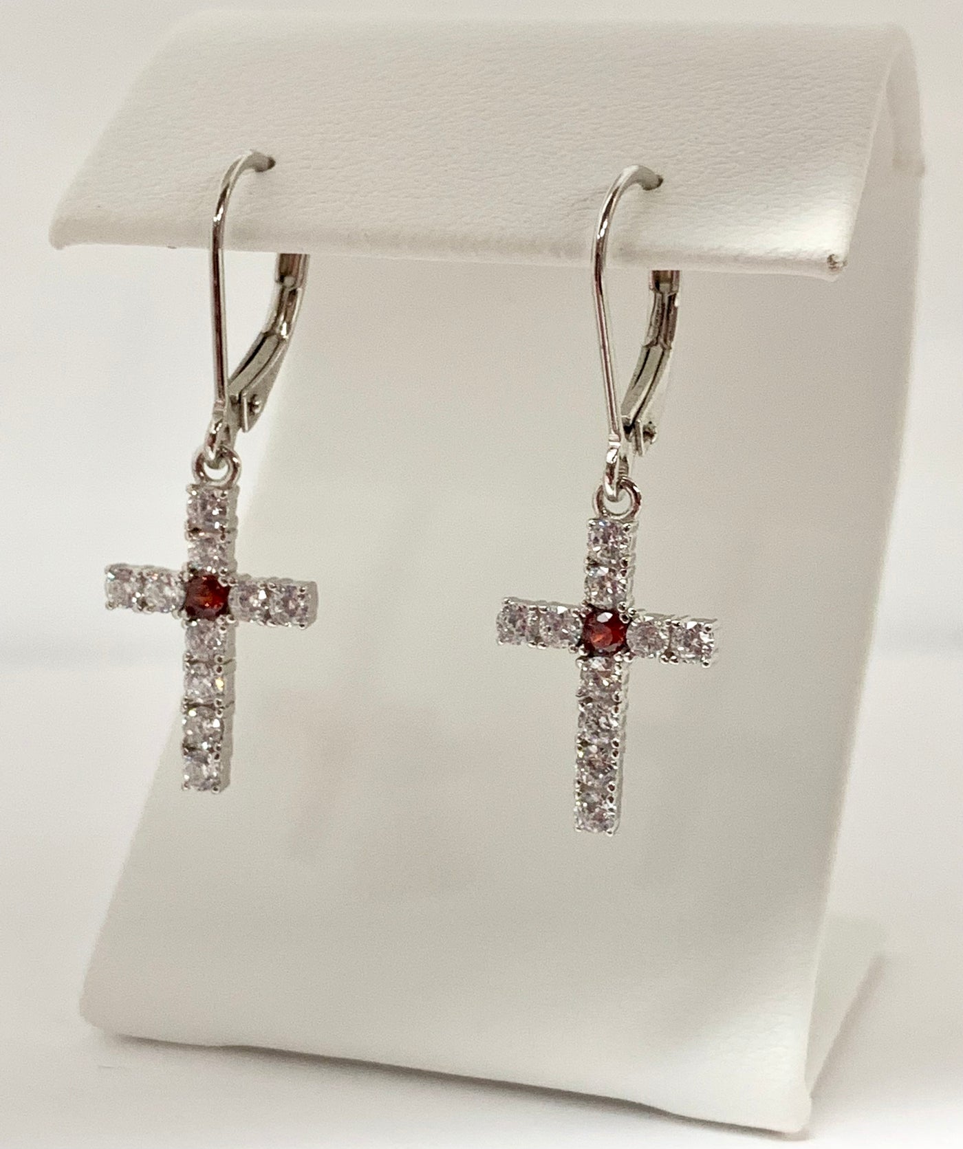 Silver Simulated Garnet/Diamond Cross Earrings