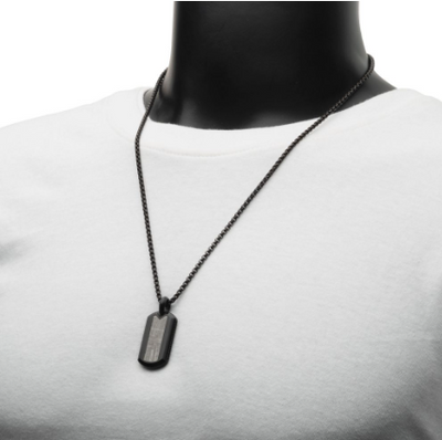 Black Ion-Plated Stainless Steel Meteorite Inlay Dog Tag Pendant with Black IP Box Chain, 24"