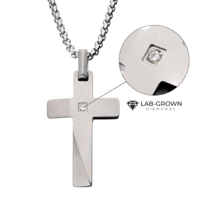 Stainless Steel Matte Finish Beveled Cross Necklace with Lab-Grown Diamond Accent