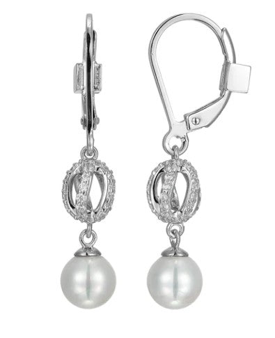 SS ELLE " LUNA" RHODIUM PLATED PEARL AND CUBIC ZIRCONIA DROP LEVERBACK EARRING