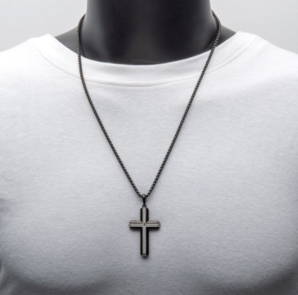 Black Ion-Plated Steel Brushed Finish Cross Necklace with Lab-Grown Diamond