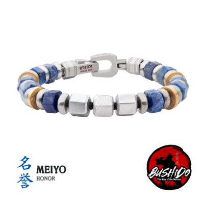 Men's 8mm Mokume Gane and Lapis Lazuli Beads Bushido Virtue Bracelet, 8.25"
