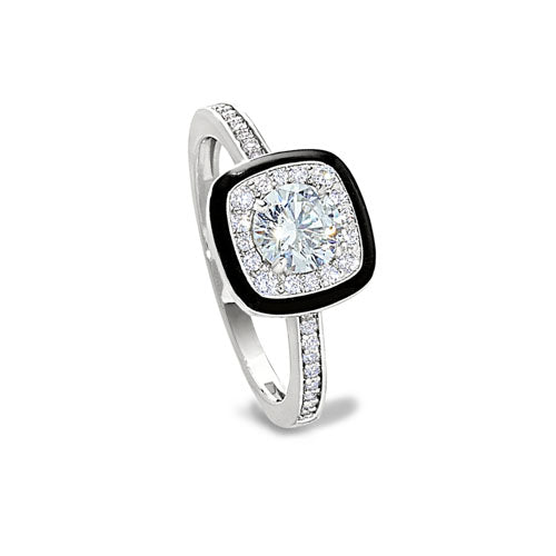 Platinum Finish Sterling Silver Micropave Cushion Cut Ring with Thin Black Enamel and Simulated Diamonds Size:7