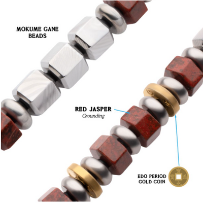 Men's 8mm Mokume Gane and Red Jasper Beads Bushido Virtue Bracelet, 8.25"