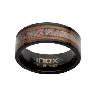 Black Stainless Steel Deer Antler and Sapele Wood Inlay Comfort Fit Ring, Sz 10