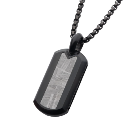 Black Ion-Plated Stainless Steel Meteorite Inlay Dog Tag Pendant with Black IP Box Chain, 24"