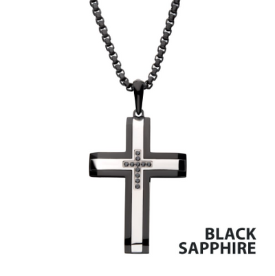 Black Ion-Plated Steel Black Sapphire Cross Necklace