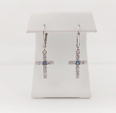 Silver Simulated Blue Zircon/Diamond Cross Earrings