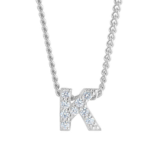 Platinum Finish Sterling Silver Micropave K Initial Pendant with Simulated Diamonds on 18" Curb Chain