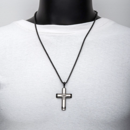 Black Ion-Plated Steel Black Sapphire Cross Necklace
