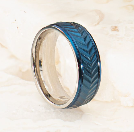 Blue IP Titanium Matte Finish Chevron Comfort Fit Ring, Sz 10.5