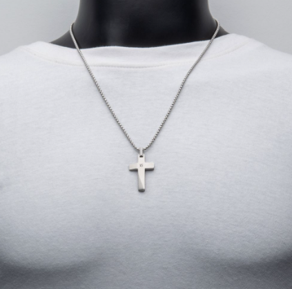 Stainless Steel Matte Finish Beveled Cross Necklace with Lab-Grown Diamond Accent