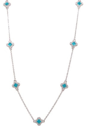 Platinum Finish Sterling Silver Micropave Turquois Enamel Clover Station Necklace
