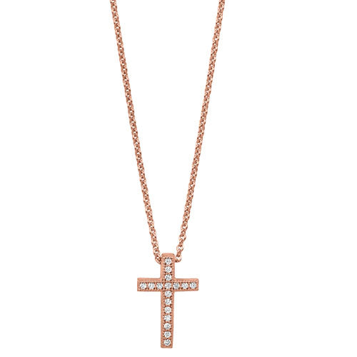Rose Gold Finish Sterling Silver Micropave Cross Pendant with Simulated Diamonds on 16"-18" Adjustable Chain