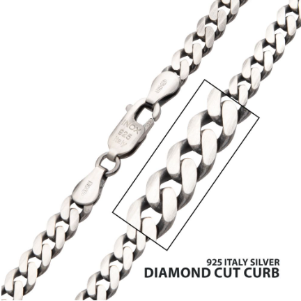 5.4mm Sterling Silver Black Rhodium Plated Satin Finish Diamond Cut Curb Chain, 24"