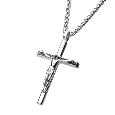 Stainless Steel Black Sapphire Crucifix Necklace