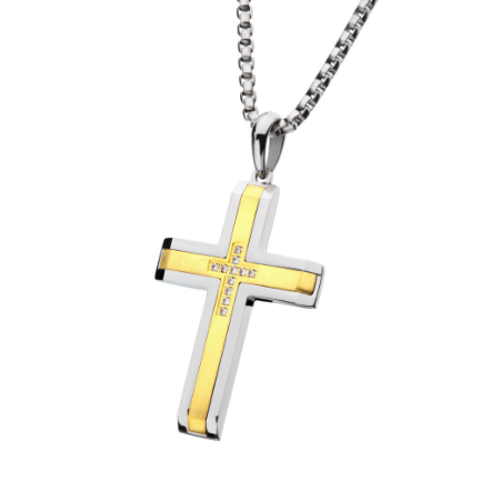 18K Gold Ion-Plated Steel Cross Pendant with a Brushed Finish and Lab-Grown Diamonds
