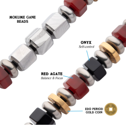 Men's 8mm Mokume Gane, Red Agate and Onyx Beads Bushido Virtue Bracelet, 8.50"