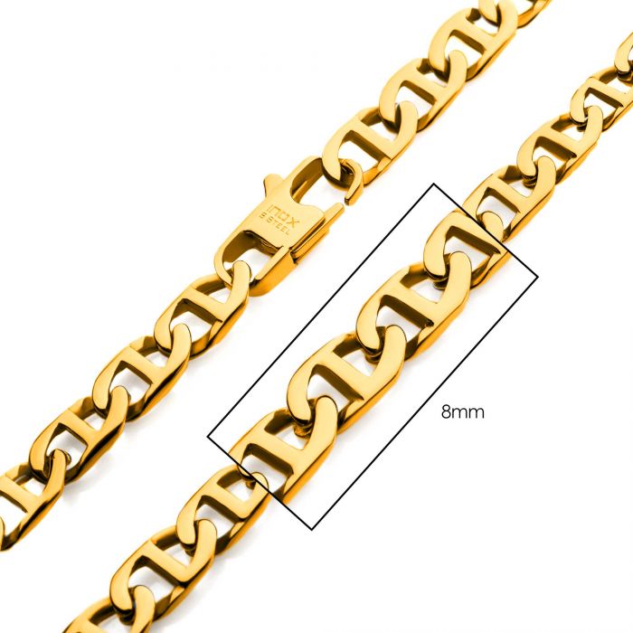 8mm 18K Gold IP Mariner Link Chain Necklace 24in