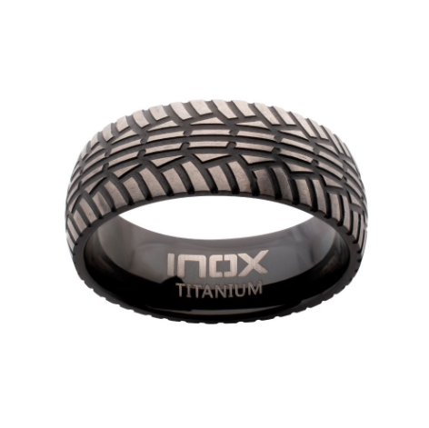 Black Titanium Matte Finish Tire Mark Comfort Fit Ring, Size 10.5