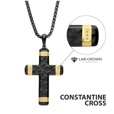 Two-Tone Black and Gold Ion-Plated Plated Carved Steel Cross Necklace with Lab-Grown Diamonds