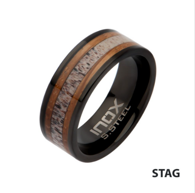 Black Stainless Steel Deer Antler and Sapele Wood Inlay Comfort Fit Ring, Sz 10