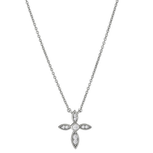 Platinum Finish Sterling Silver Micropave Marquis Cross Pendant with Simulated Diamonds on 16"-18" Adjustable Chain