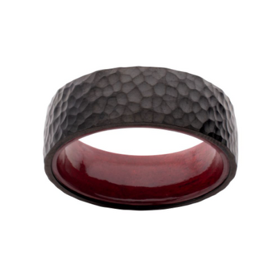 Black IP Titanium & Redwood Matte Finish Hammered Comfort Fit Ring, Size 10.5